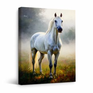 Serene White Horse Misty Meadow Framed Canvas Wall Art | Ready to Hang