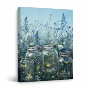 Fireflies in Mason Jars with Wildflowers Framed Canvas Wall Art
