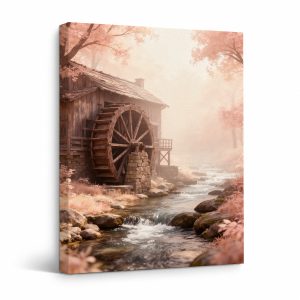 Pink Cherry Blossom Water Mill Framed Canvas Wall Art - Ready to Hang