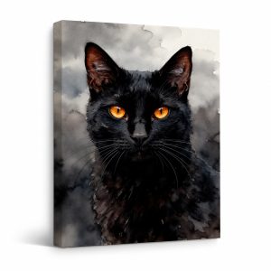 Black Cat Watercolor Portrait Framed Canvas Wall Art