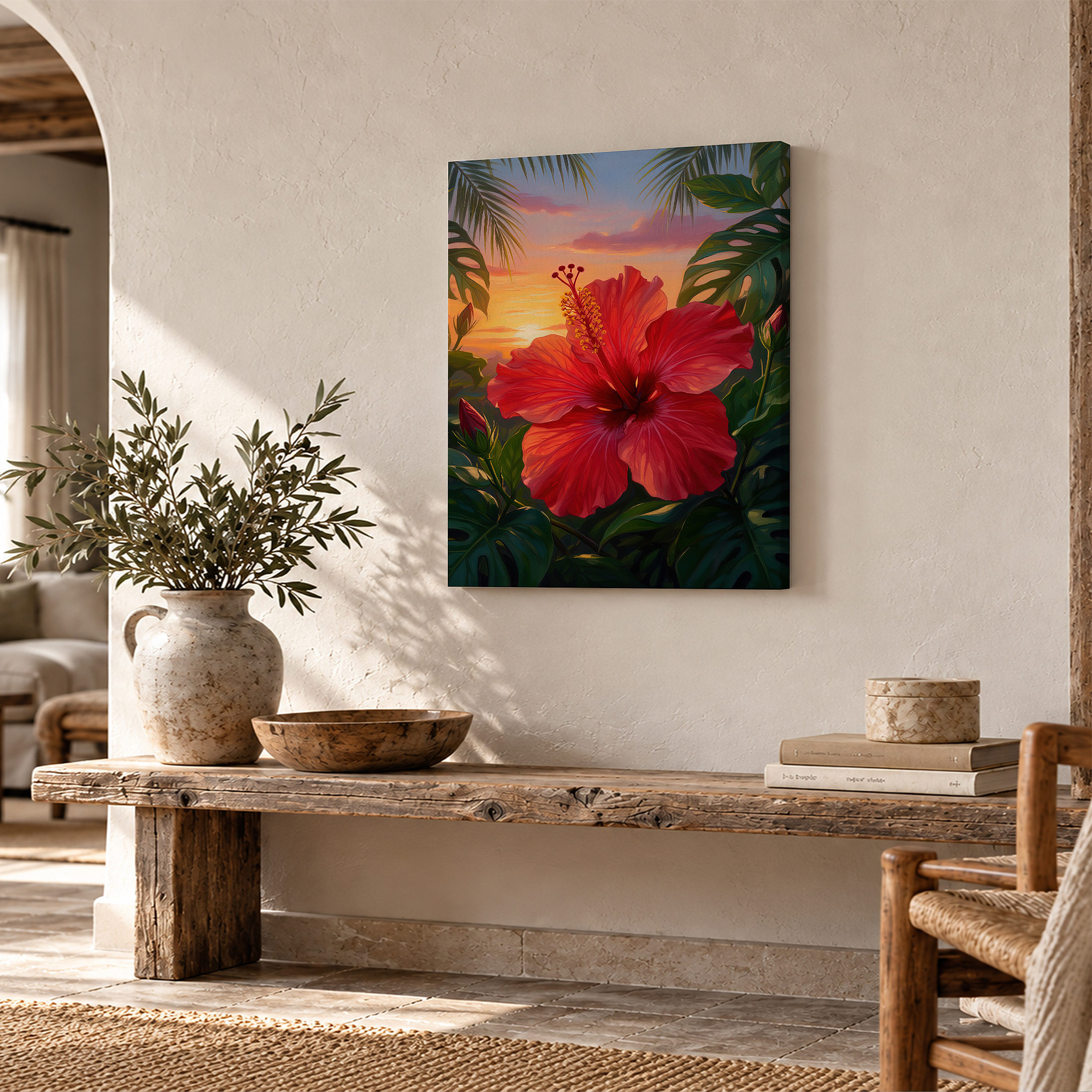 Tropical Sunset Hibiscus Framed Canvas Wall Art - Ready to Hang - Image 2