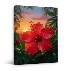 Tropical Sunset Hibiscus Framed Canvas Wall Art - Ready to Hang