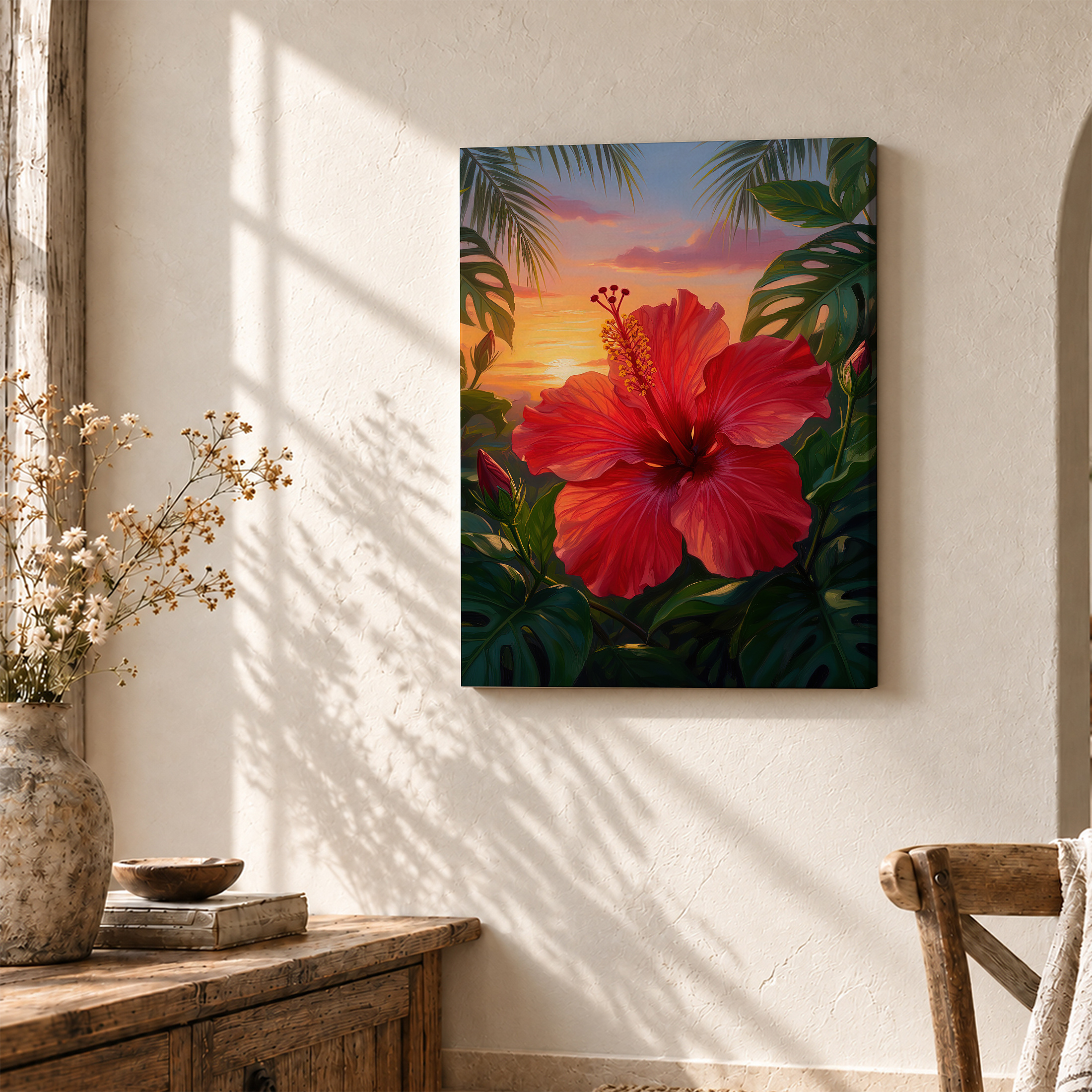 Tropical Sunset Hibiscus Framed Canvas Wall Art - Ready to Hang - Image 3