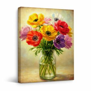 Vibrant Anemone Bouquet Framed Canvas Wall Art - Ready to Hang