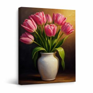 Pink Tulip Bouquet Framed Canvas Wall Art - Ready to Hang