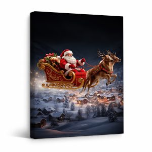 Santa's Night Flight Over Snowy Village Framed Canvas Wall Art
