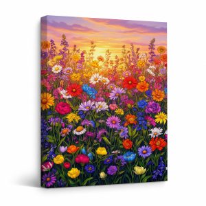 Sunset Flower Meadow Framed Canvas Wall Art - Vibrant Floral Art Ready to Hang