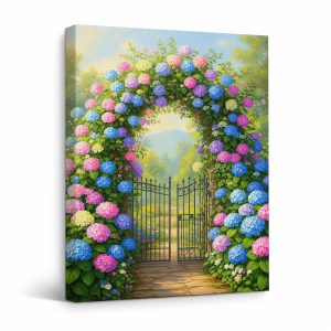 Vibrant Hydrangea Garden Archway Framed Canvas Wall Art