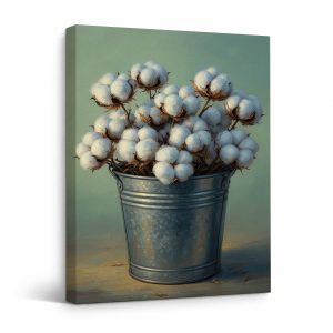 Cotton Bolls in Bucket Realistic Framed Canvas Wall Art