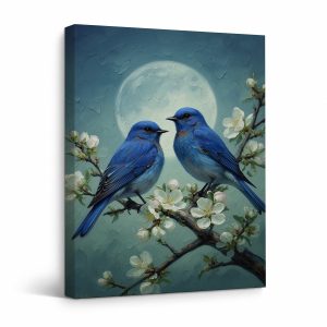 Blue Birds & Moonlit Cherry Blossoms Framed Canvas Wall Art - Ready to Hang