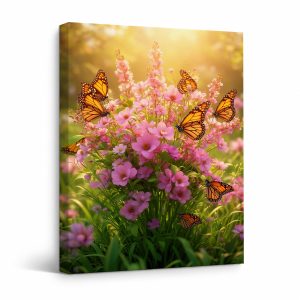 Pink Flowers & Monarch Butterflies Framed Canvas Wall Art | Ready to Hang