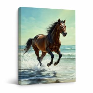 Beach Horse Running Framed Canvas Wall Art - Ready to Hang