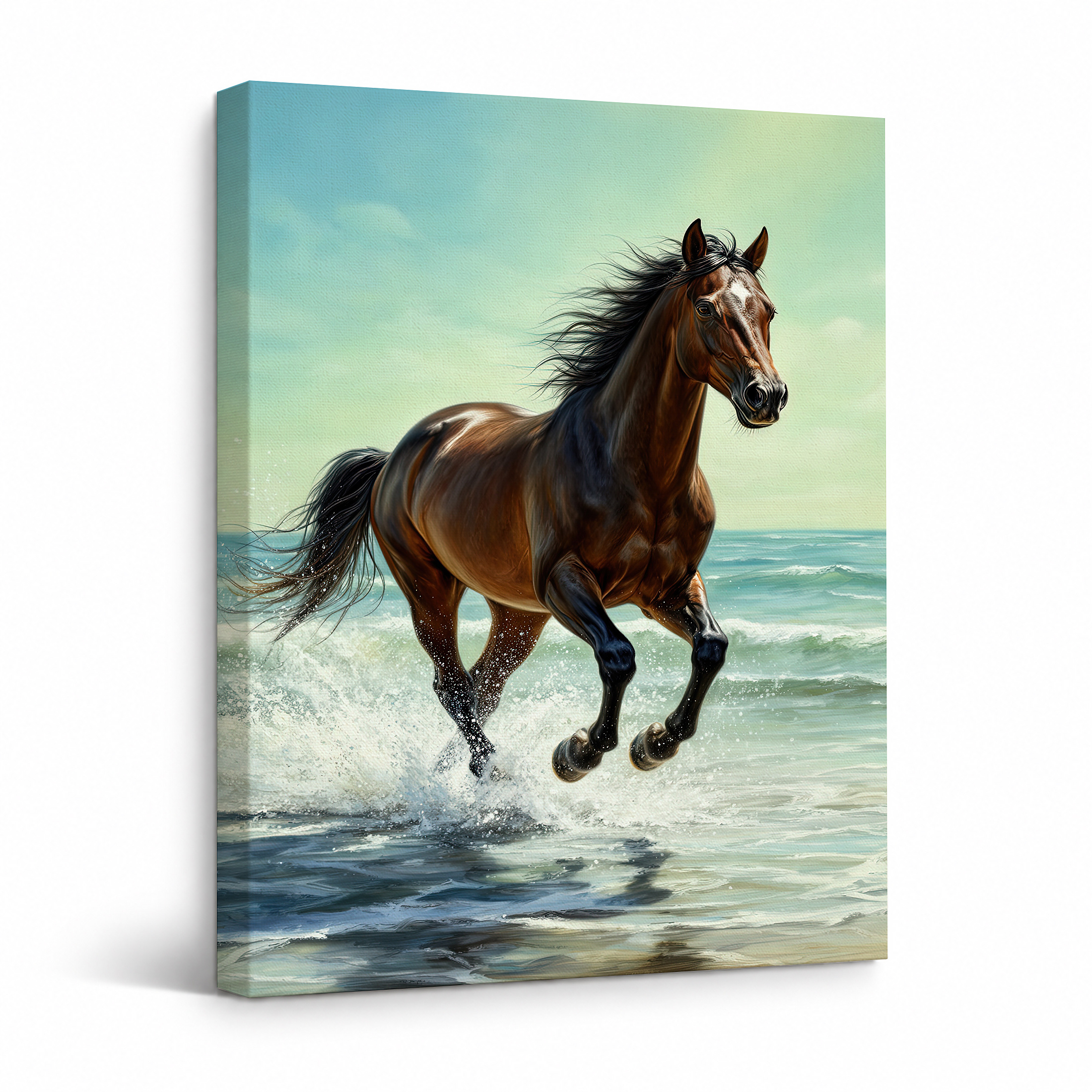 Beach Horse Running Framed Canvas Wall Art - Ready to Hang