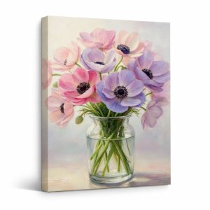 Soft Pastel Anemone Bouquet Framed Canvas Wall Art Ready to Hang