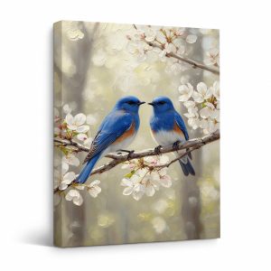 Blue Birds & Cherry Blossoms Framed Canvas Wall Art - Ready to Hang
