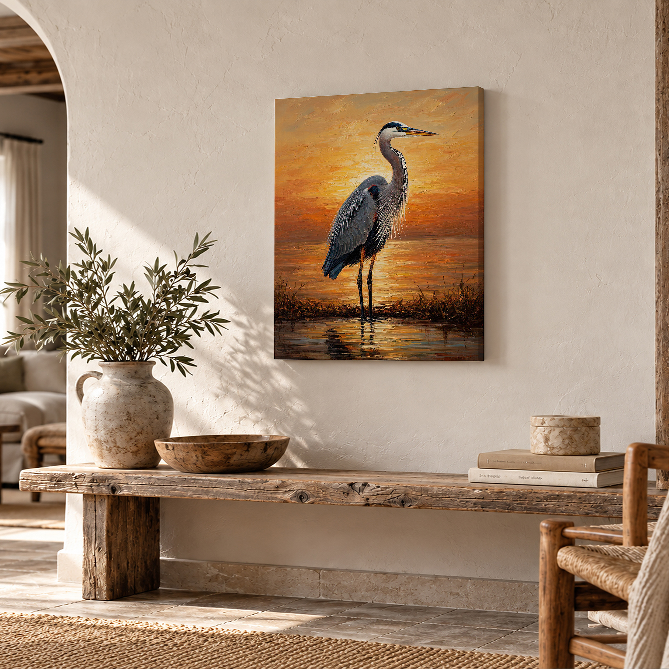Sunset Heron Framed Canvas Wall Art - Ready to Hang Decor - Image 2