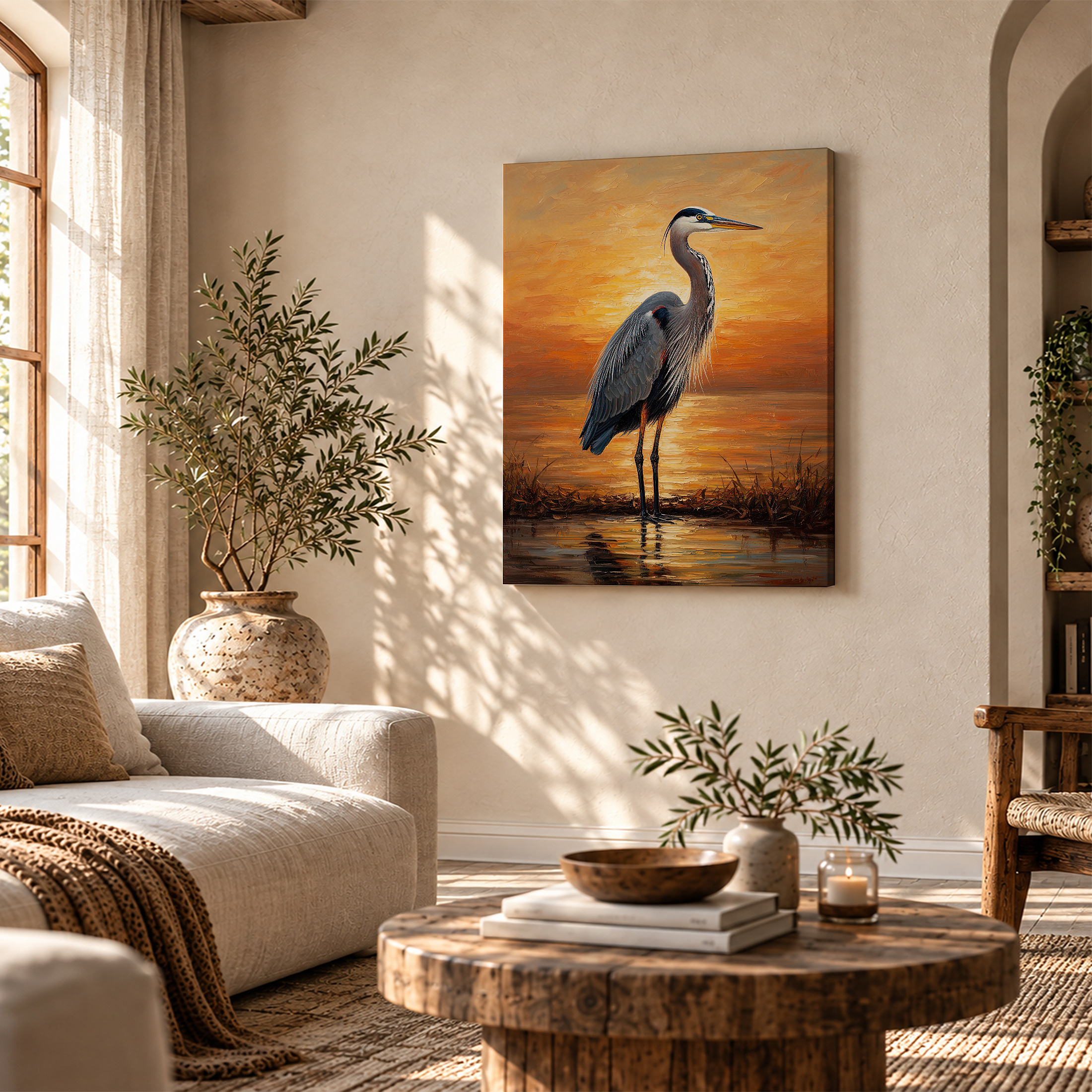 Sunset Heron Framed Canvas Wall Art - Ready to Hang Decor - Image 4