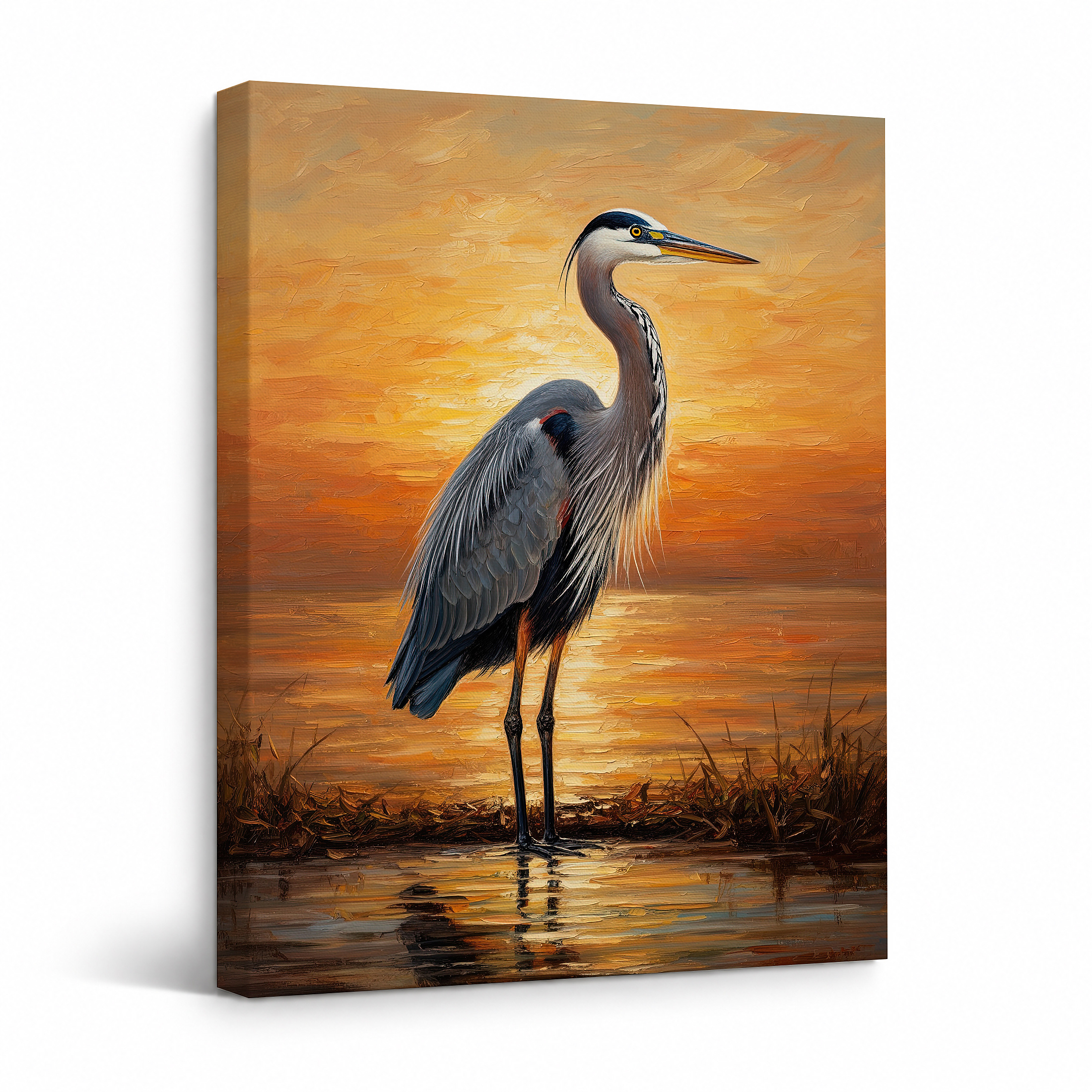 Sunset Heron Framed Canvas Wall Art - Ready to Hang Decor