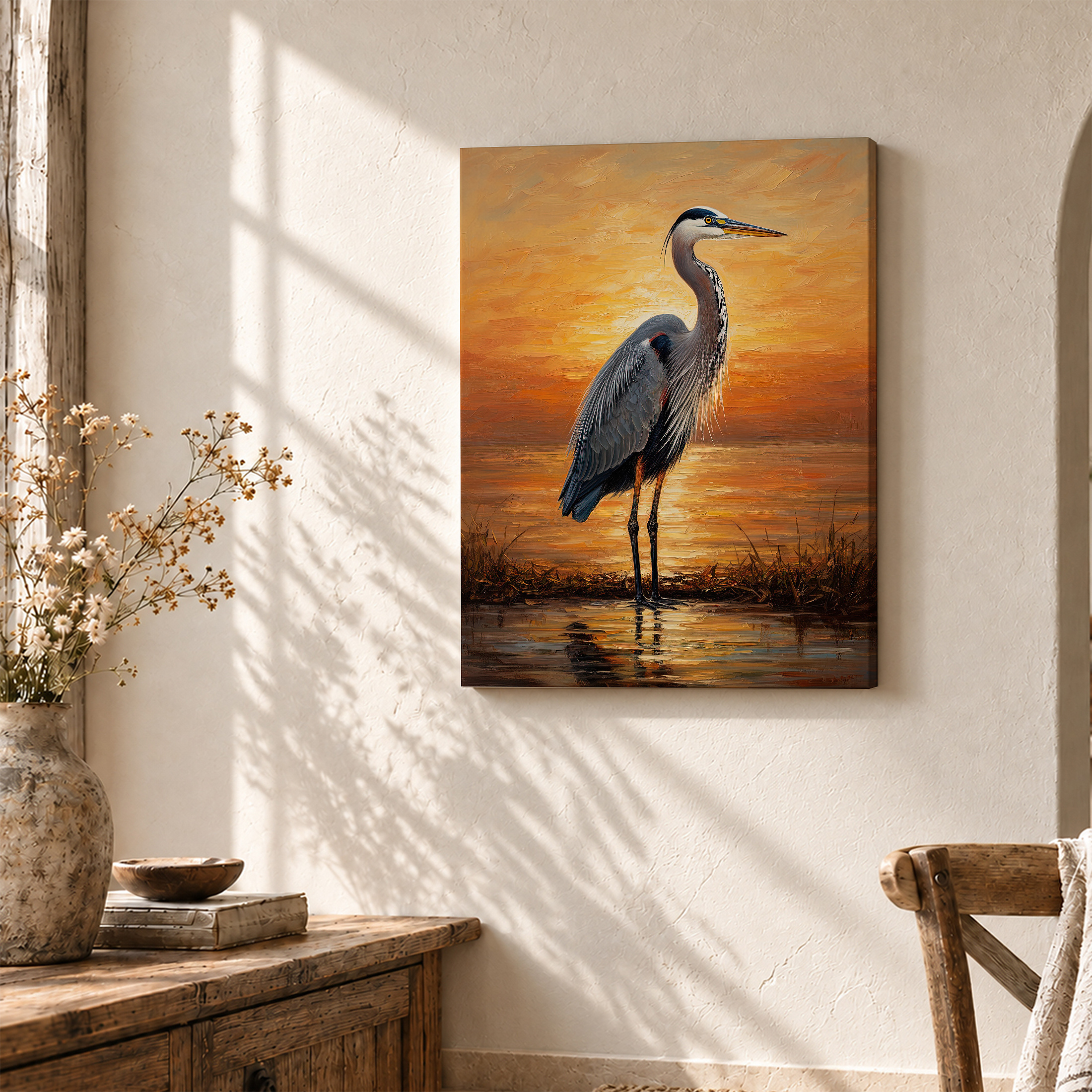 Sunset Heron Framed Canvas Wall Art - Ready to Hang Decor - Image 3