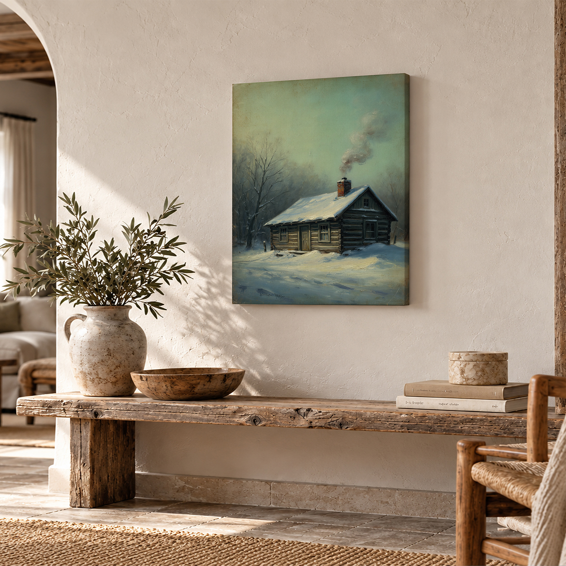 Snowy Cabin Winter Scene Framed Canvas Wall Art - Ready to Hang - Image 2