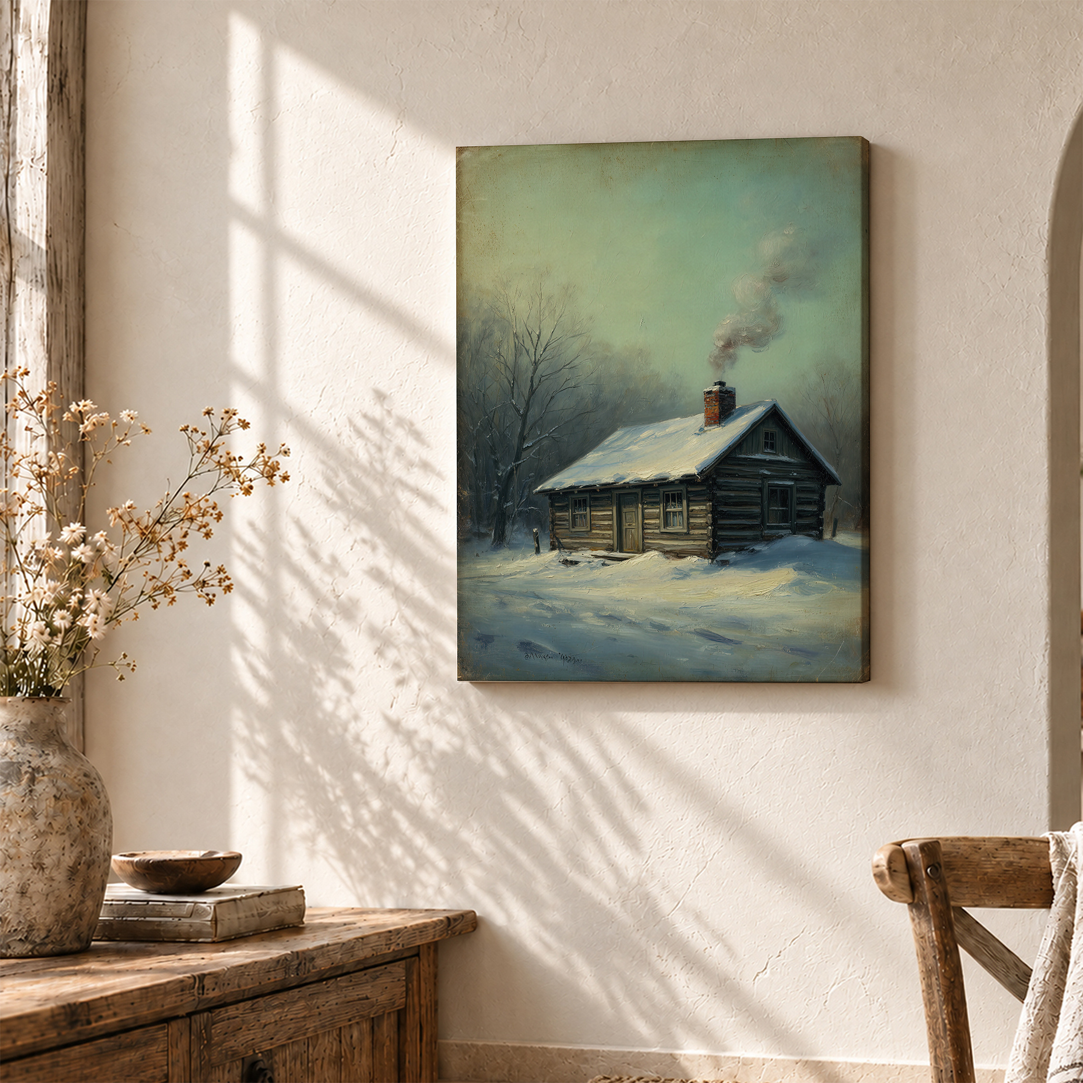 Snowy Cabin Winter Scene Framed Canvas Wall Art - Ready to Hang - Image 3