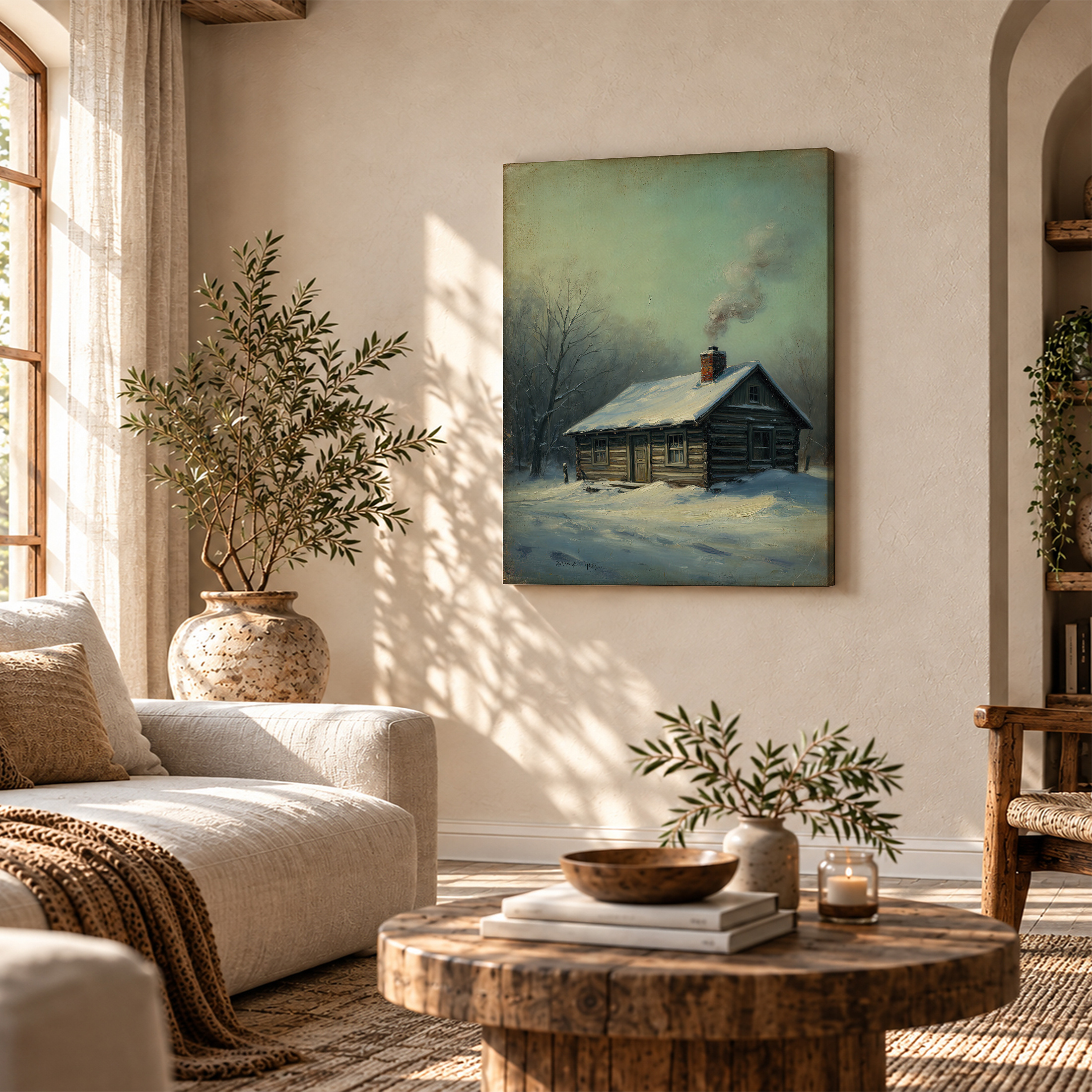 Snowy Cabin Winter Scene Framed Canvas Wall Art - Ready to Hang - Image 4