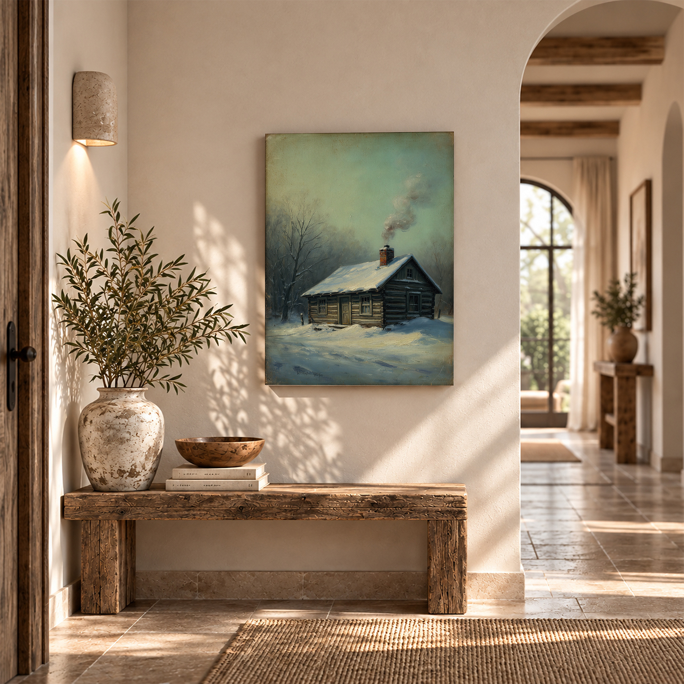 Snowy Cabin Winter Scene Framed Canvas Wall Art - Ready to Hang - Image 6