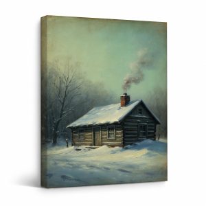 Snowy Cabin Winter Scene Framed Canvas Wall Art - Ready to Hang