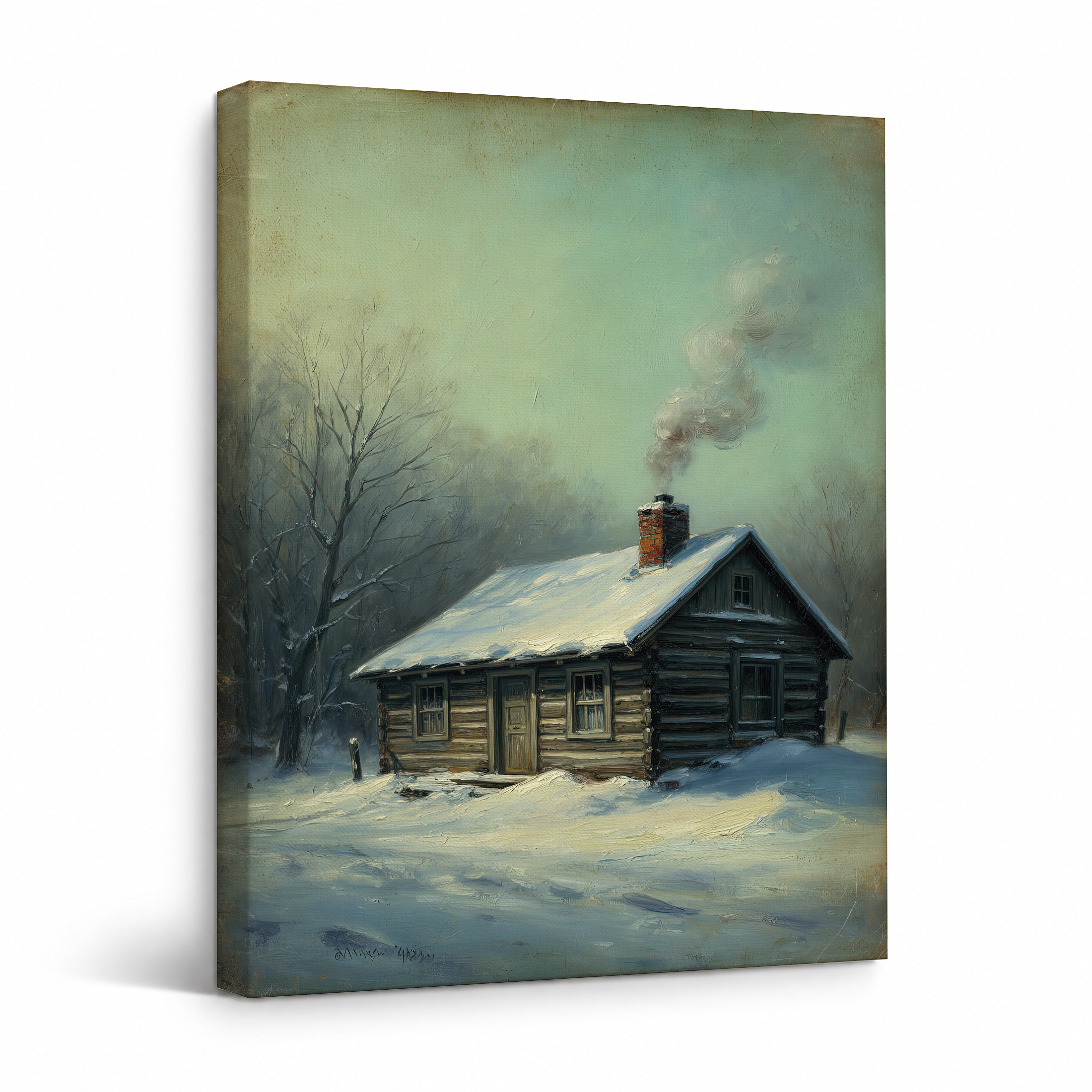 Snowy Cabin Winter Scene Framed Canvas Wall Art - Ready to Hang