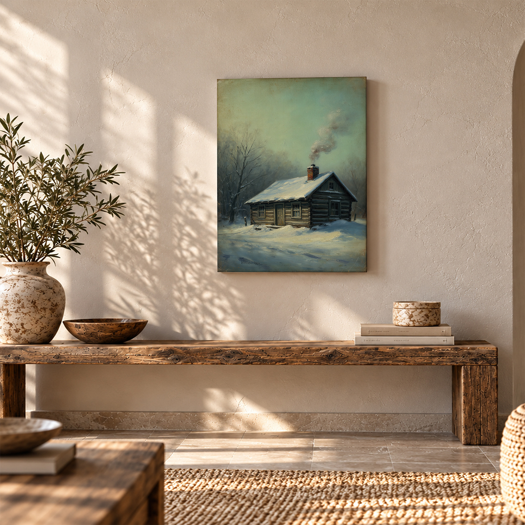 Snowy Cabin Winter Scene Framed Canvas Wall Art - Ready to Hang - Image 5