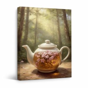 Forest Tea Pot with Pink Blossoms Framed Canvas Wall Art