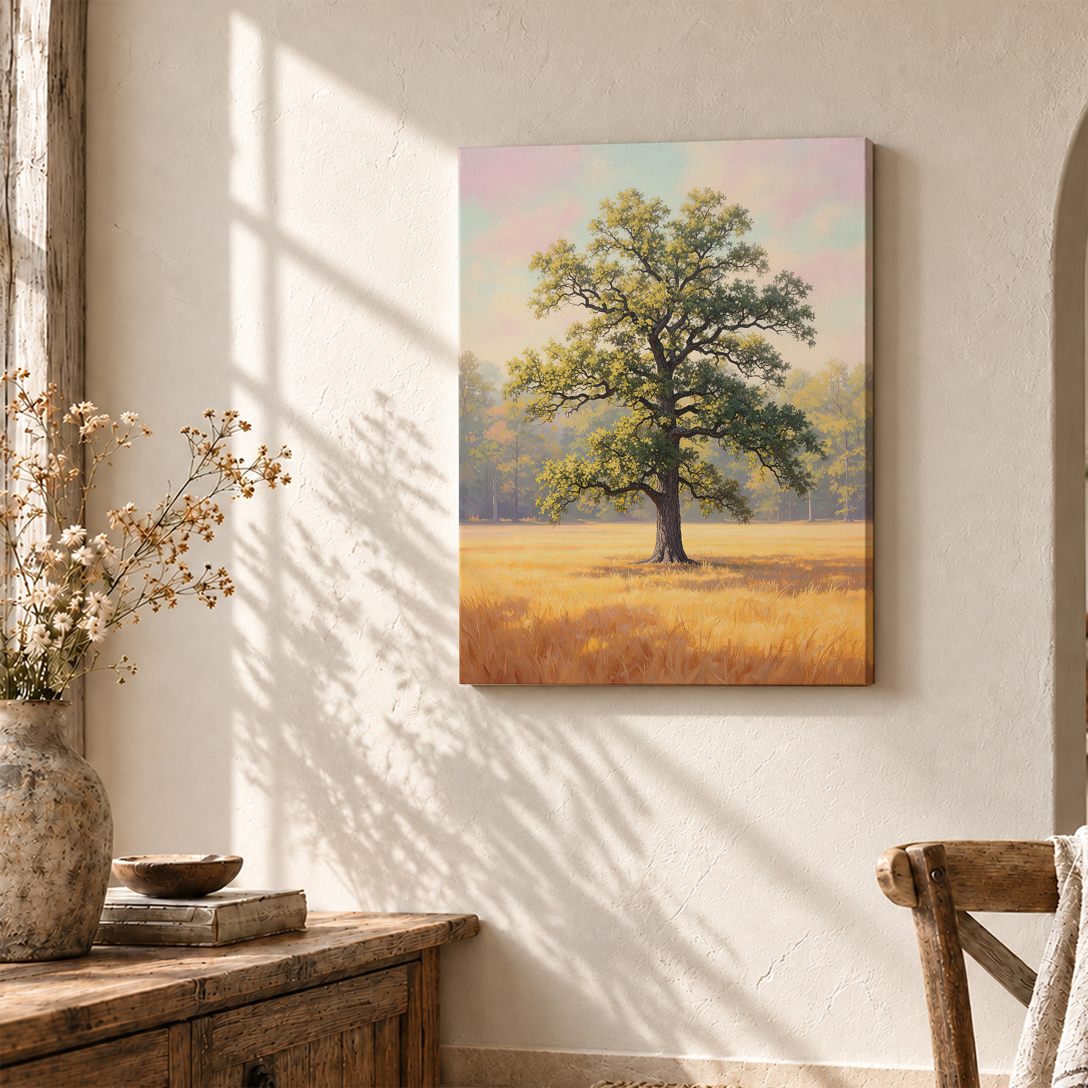 Golden Field Tree Landscape Framed Canvas Wall Art - Ready to Hang - Image 3