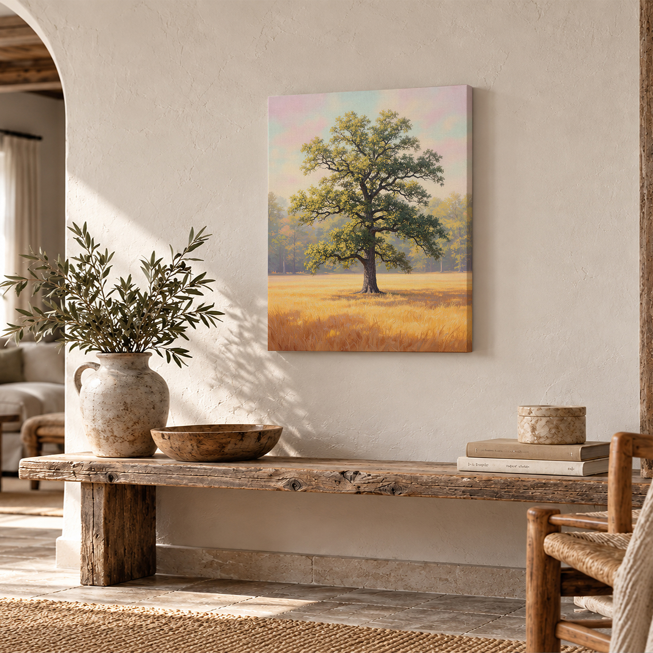 Golden Field Tree Landscape Framed Canvas Wall Art - Ready to Hang - Image 2