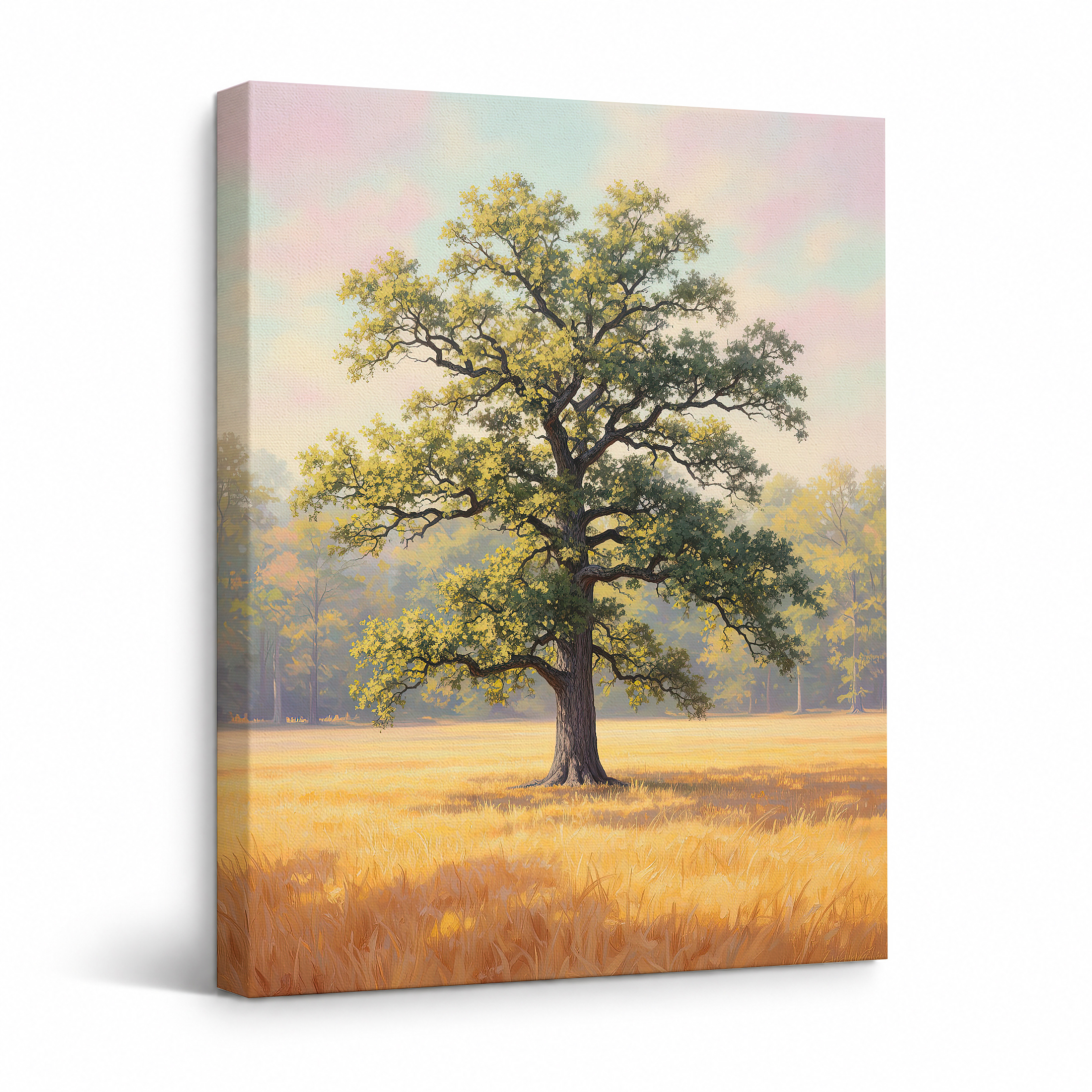 Golden Field Tree Landscape Framed Canvas Wall Art - Ready to Hang