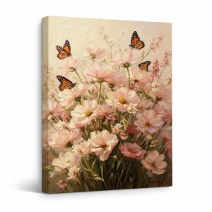 Pink Flowers & Monarch Butterflies Framed Canvas Wall Art