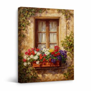 Vintage Floral Window Box Framed Canvas Wall Art | Ready to Hang