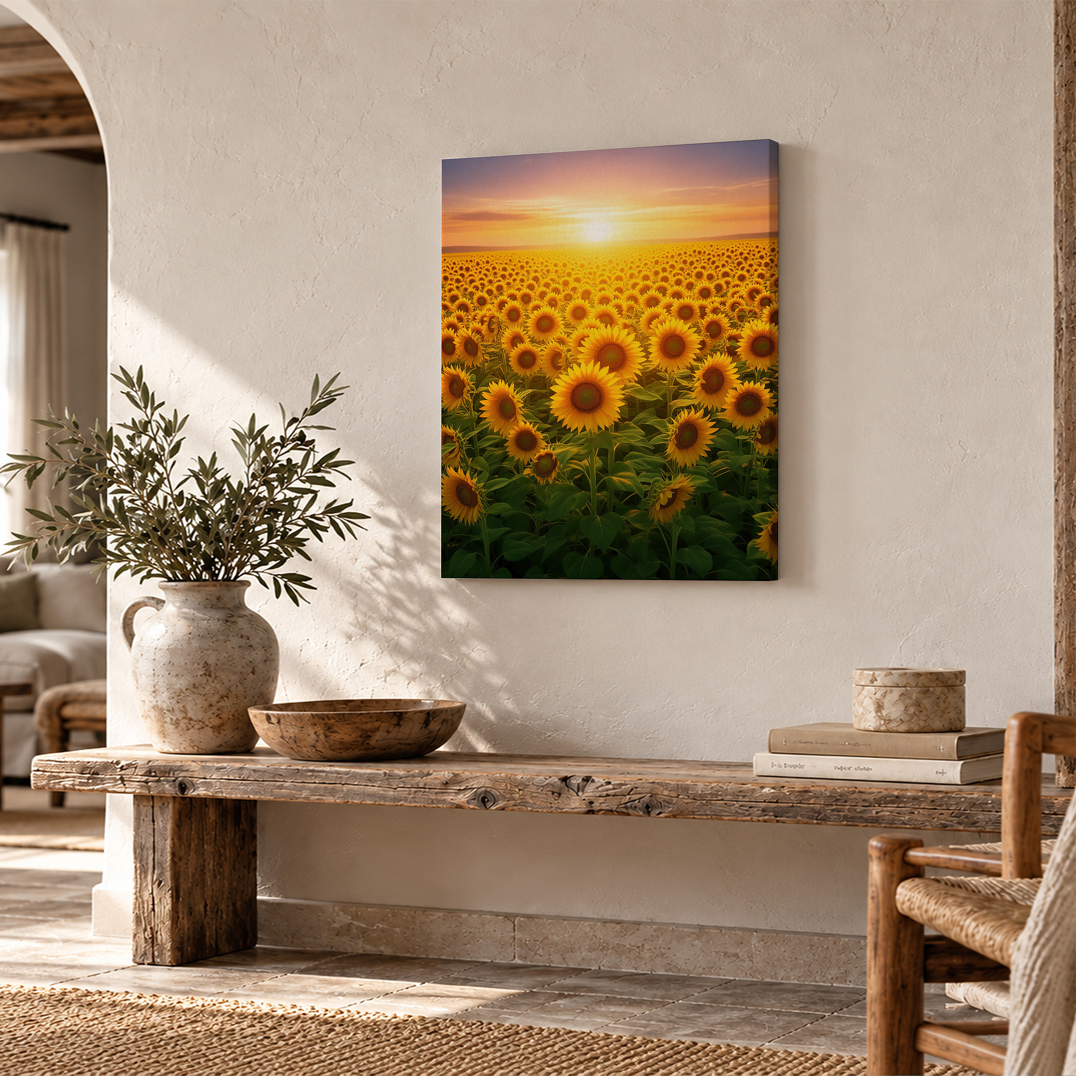 Sunflower Field Sunset Framed Canvas Wall Art - Ready to Hang - Image 2