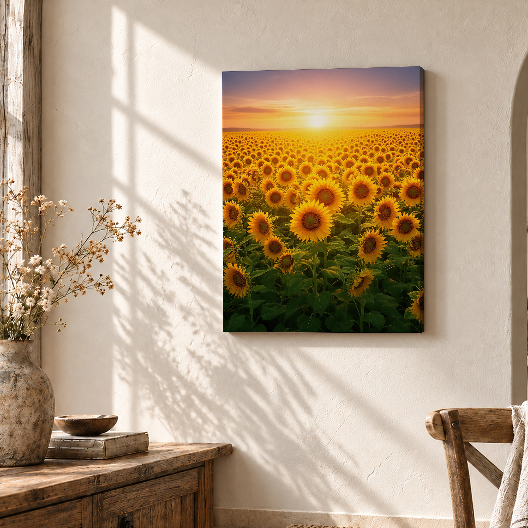 Sunflower Field Sunset Framed Canvas Wall Art - Ready to Hang - Image 3