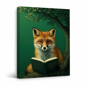 Framed Canvas Wall Art: Fox Reading Under Tree - Nature Study