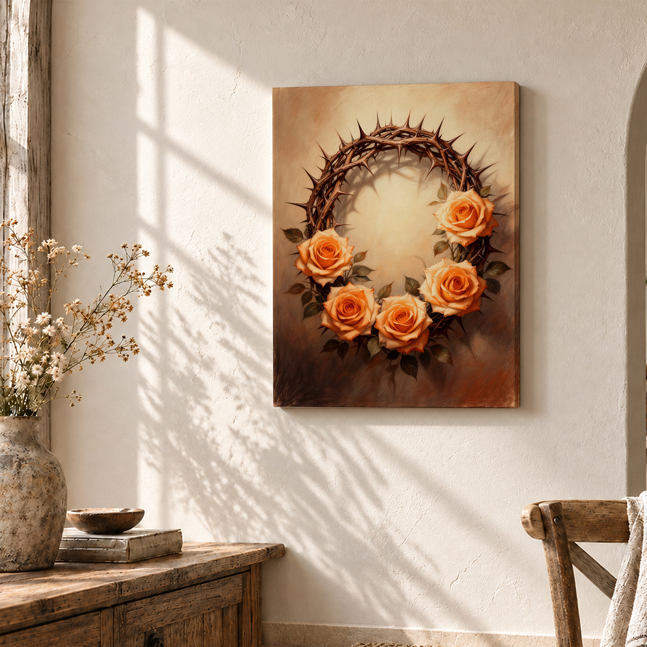 Crown of Thorns & Orange Roses Framed Canvas Wall Art - Ready to Hang - Image 3
