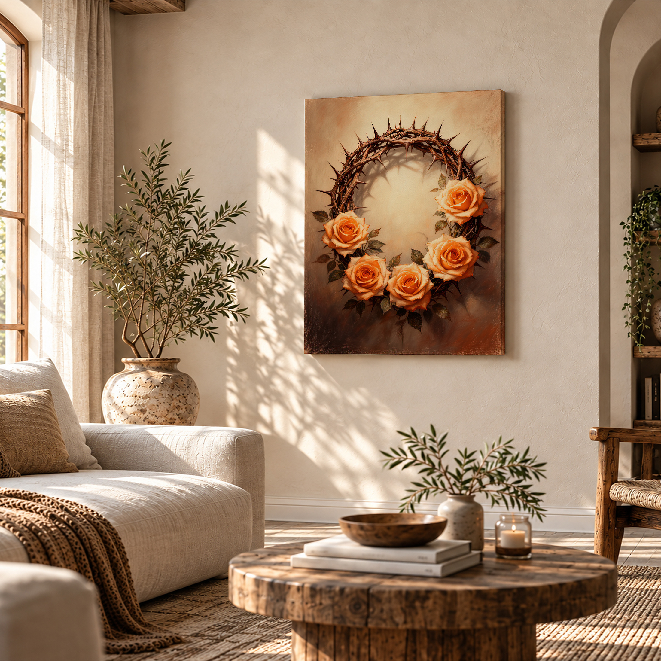 Crown of Thorns & Orange Roses Framed Canvas Wall Art - Ready to Hang - Image 4