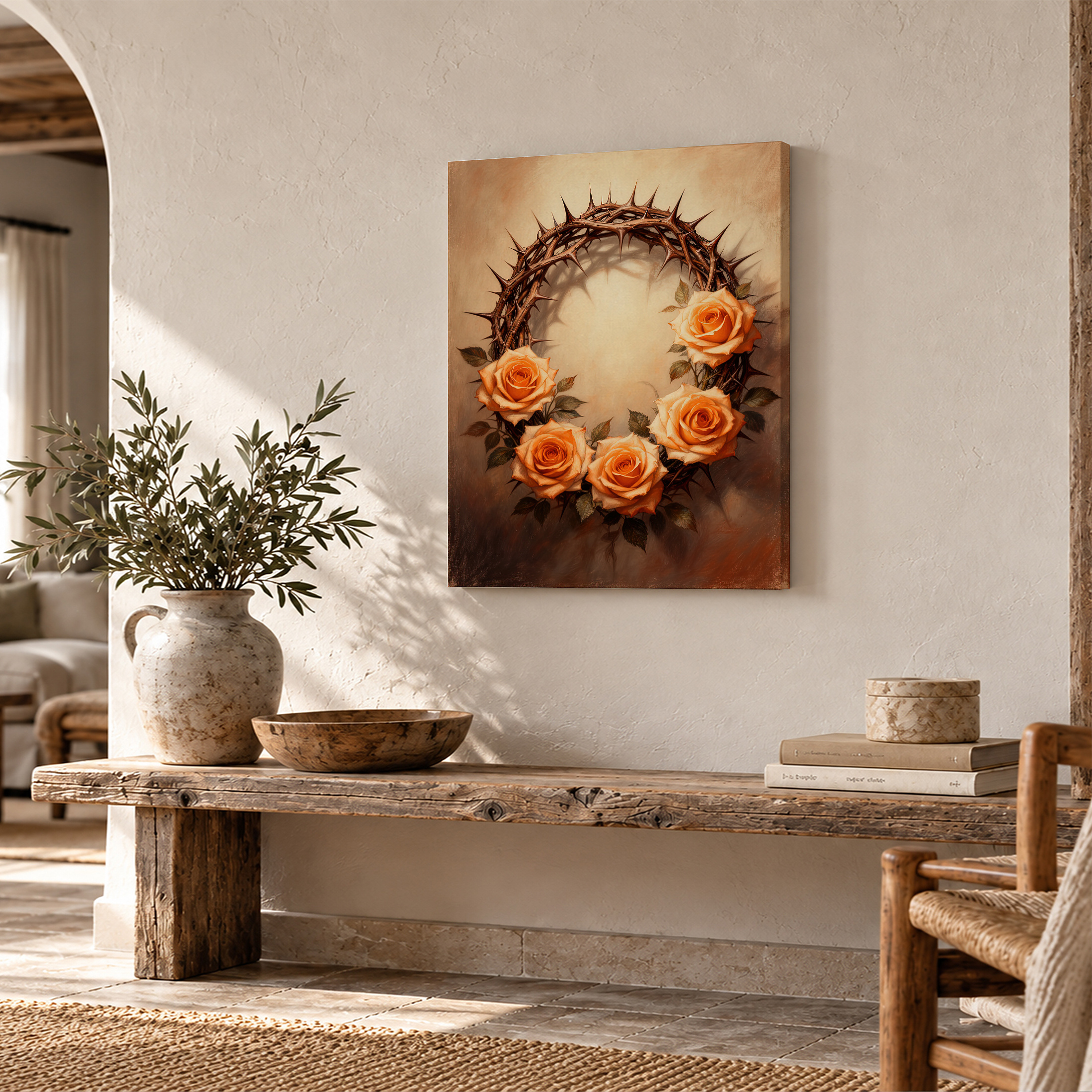 Crown of Thorns & Orange Roses Framed Canvas Wall Art - Ready to Hang - Image 2