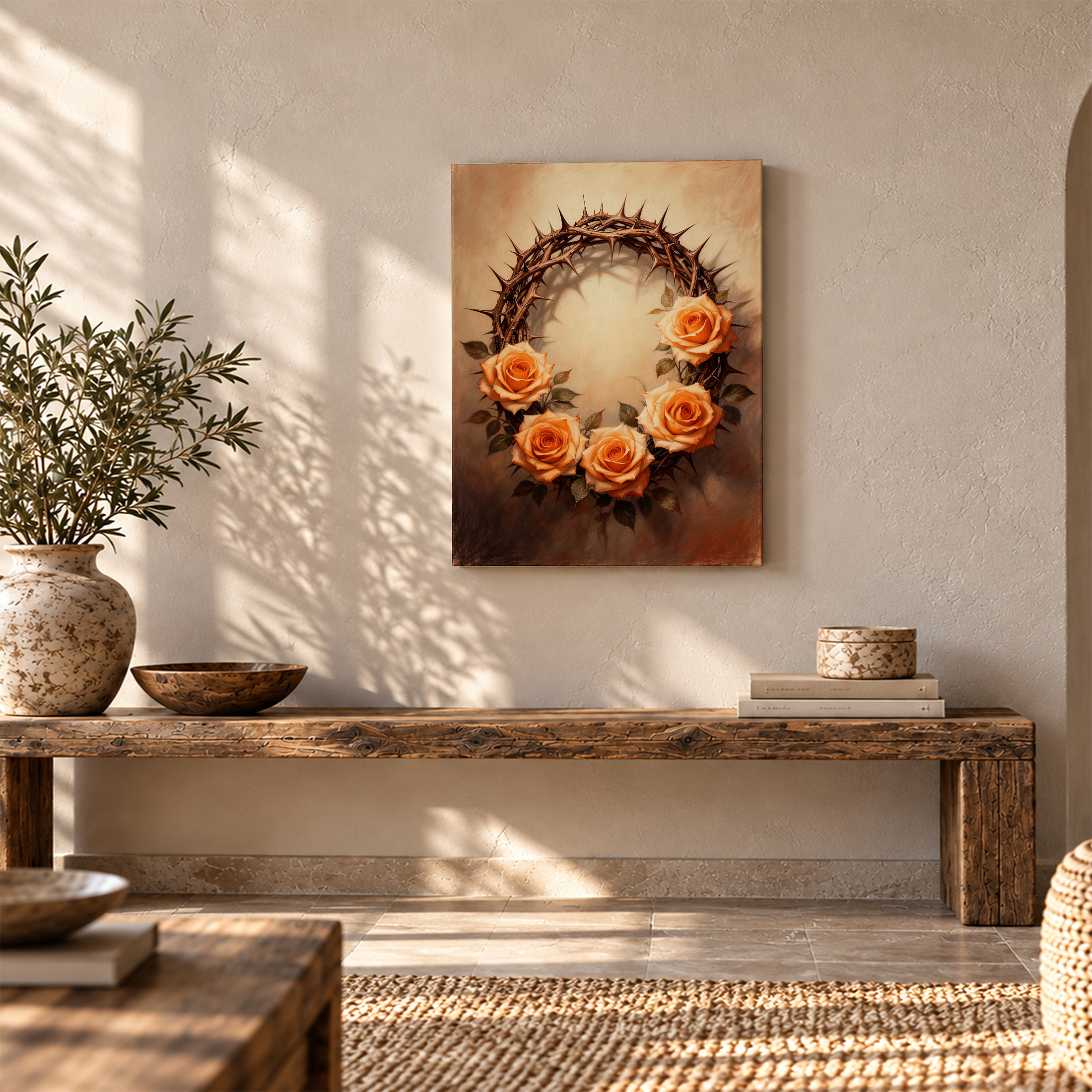 Crown of Thorns & Orange Roses Framed Canvas Wall Art - Ready to Hang - Image 5