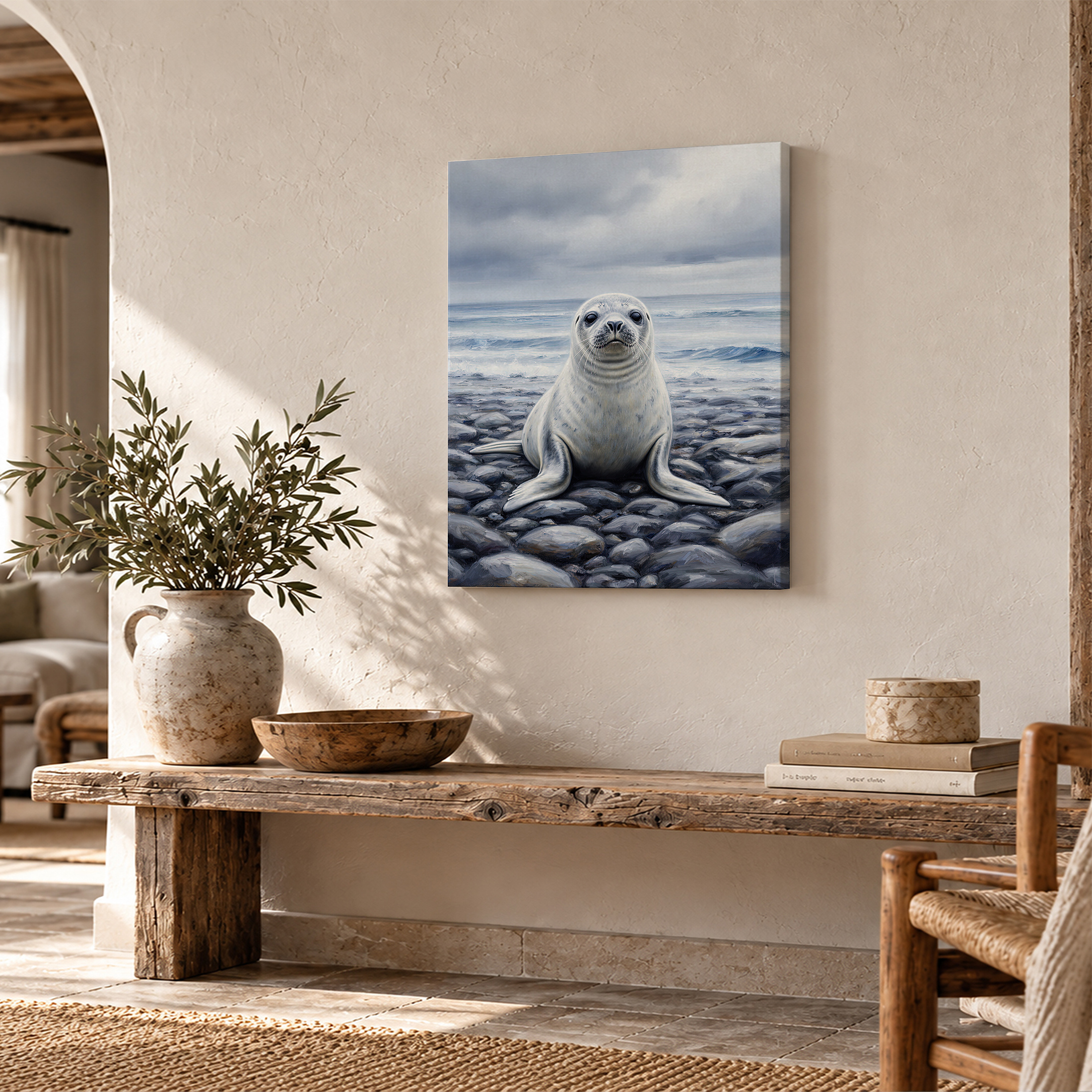 Seal on Rocky Shore Framed Canvas Wall Art - Ocean View Decor - Image 2