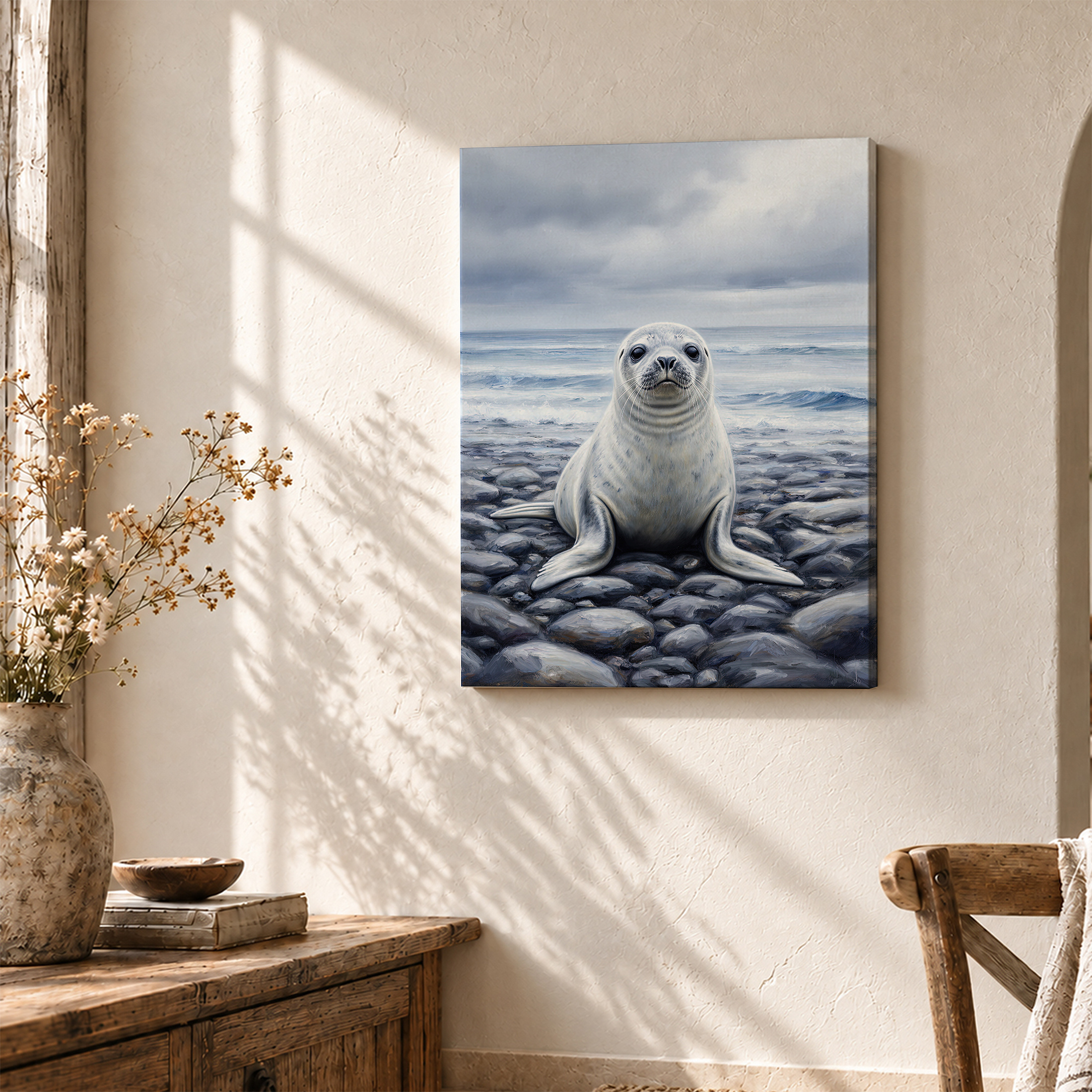 Seal on Rocky Shore Framed Canvas Wall Art - Ocean View Decor - Image 3