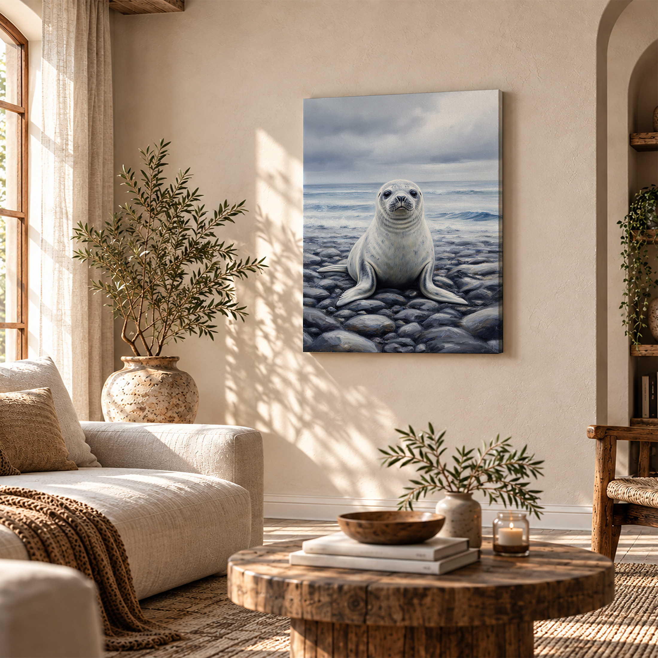 Seal on Rocky Shore Framed Canvas Wall Art - Ocean View Decor - Image 4