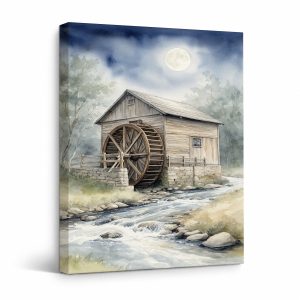 Moonlit Water Mill Framed Canvas Wall Art - Serene Rustic Decor