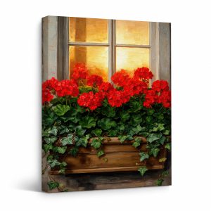 Sunlit Window Geraniums Framed Canvas Wall Art - Ready to Hang