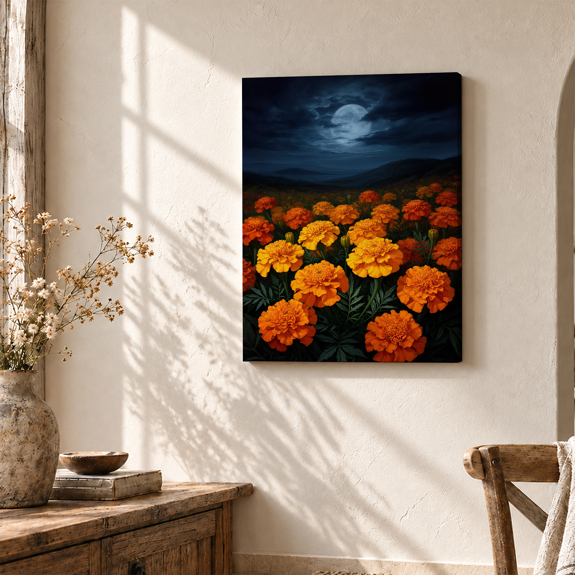 Moonlit Marigold Field Framed Canvas Wall Art - Ready to Hang - Image 3