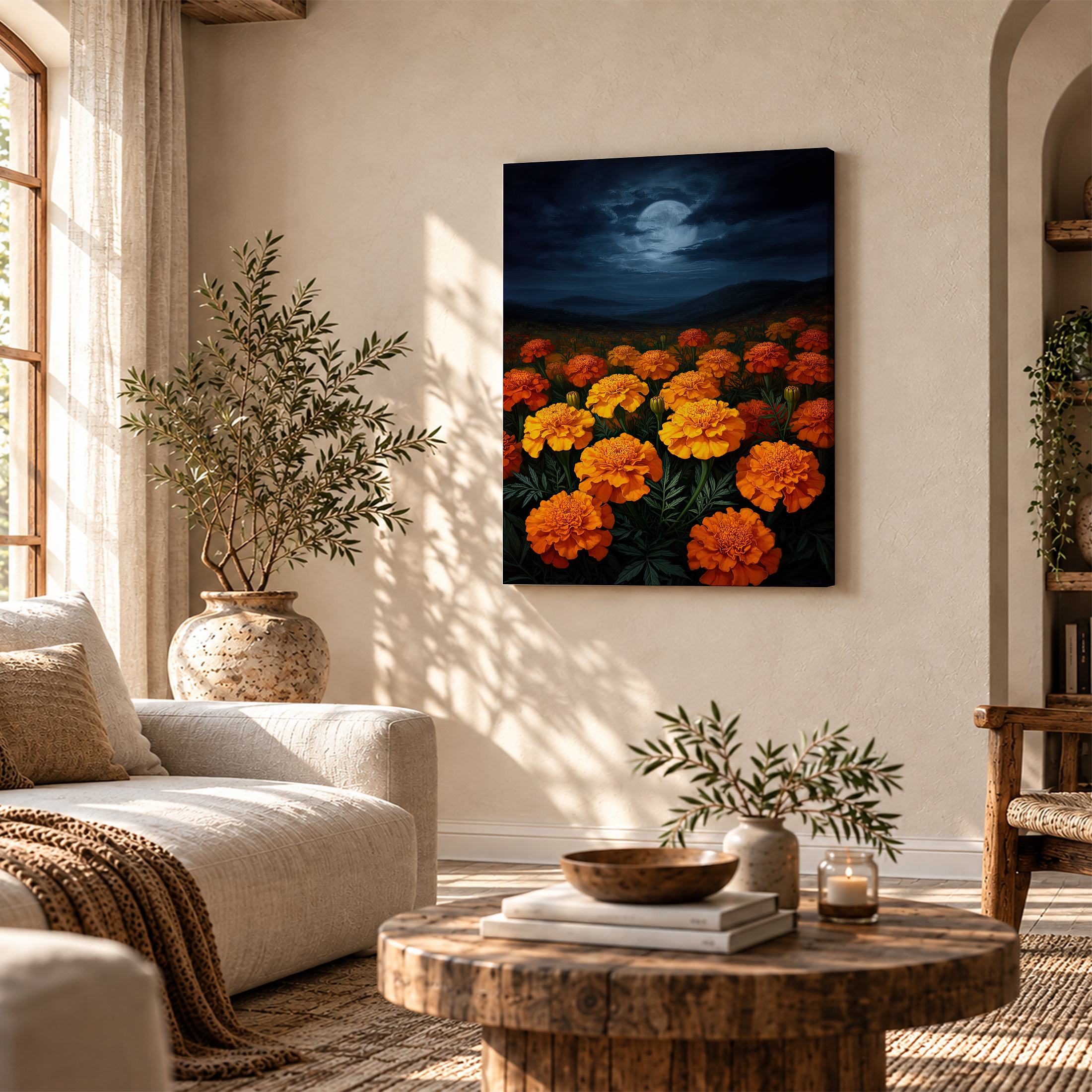 Moonlit Marigold Field Framed Canvas Wall Art - Ready to Hang - Image 4